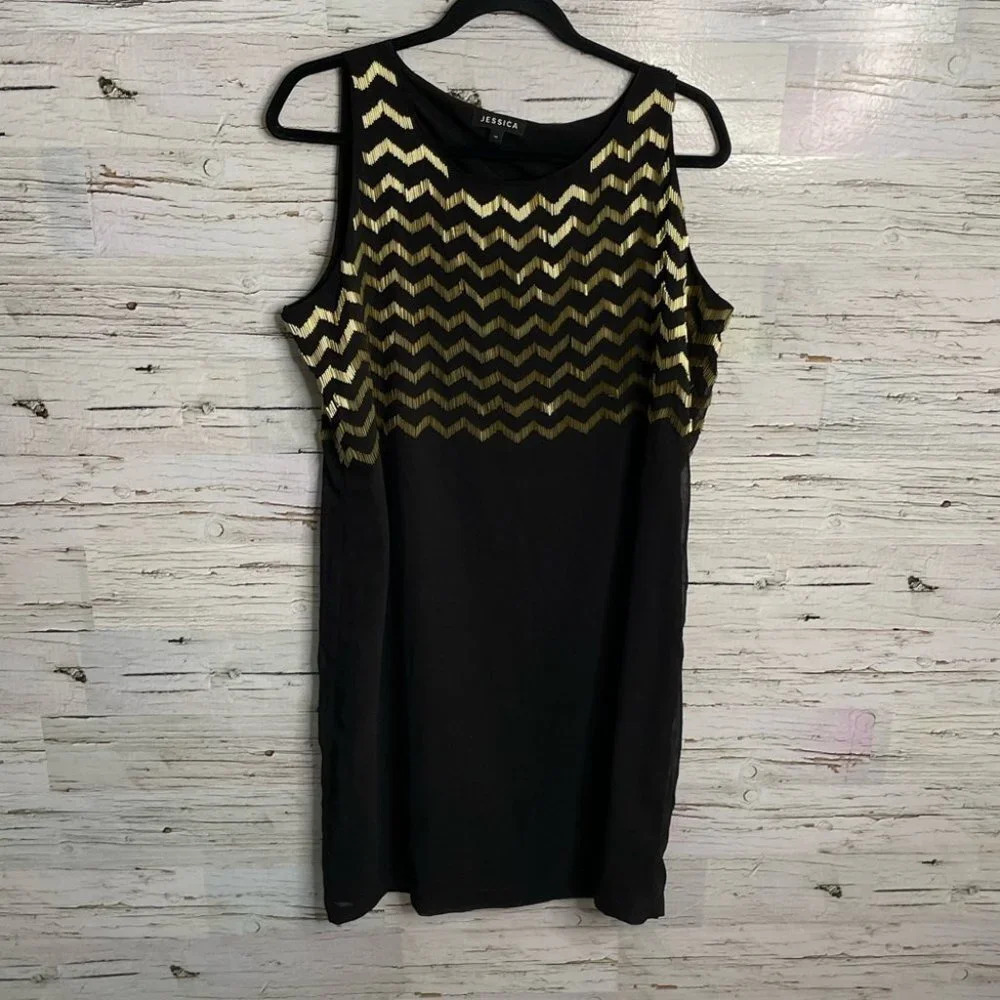 Jessica dress midi black gold chevron dress sheath sleeveless size  14